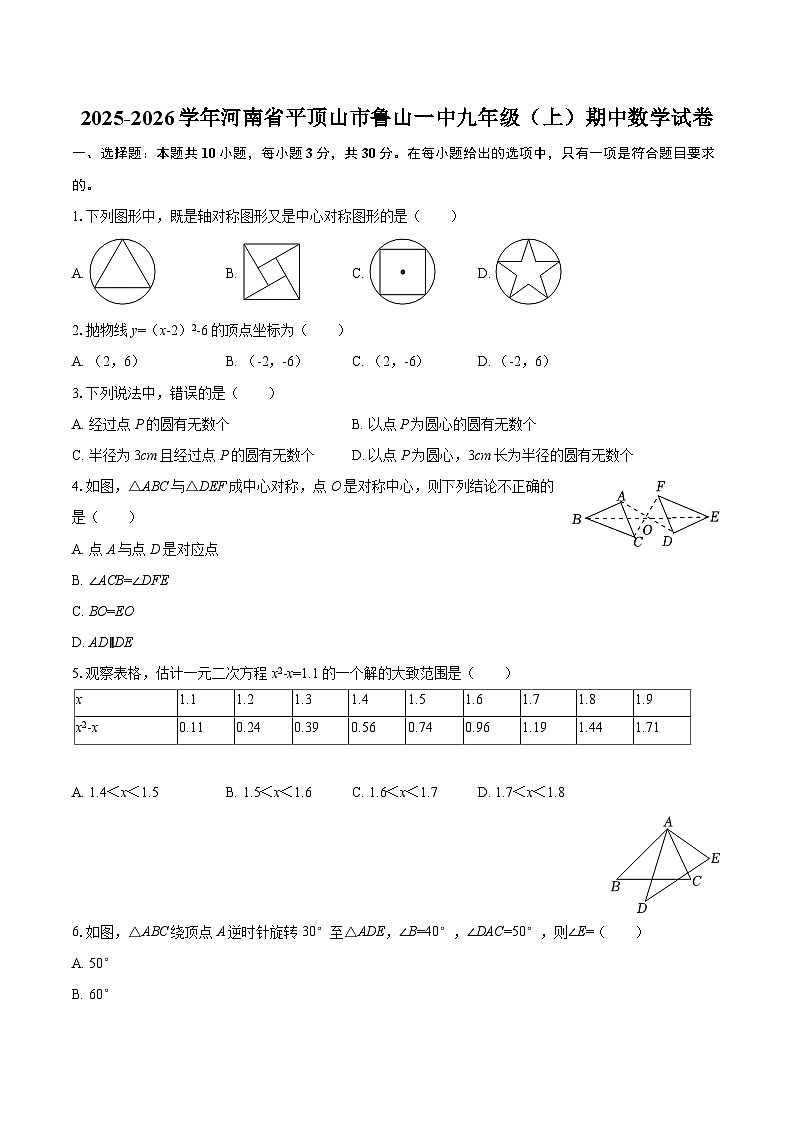 2025-2026学年河南省平顶山市鲁山一中九年级（上）期中数学试卷-自定义类型第1页