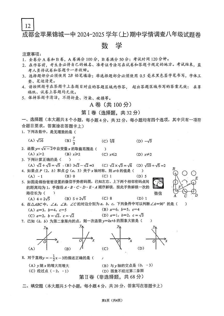 四川省成都市金苹果锦城第一中学2024-2025学年上学期八年级期中考试数学试题第1页