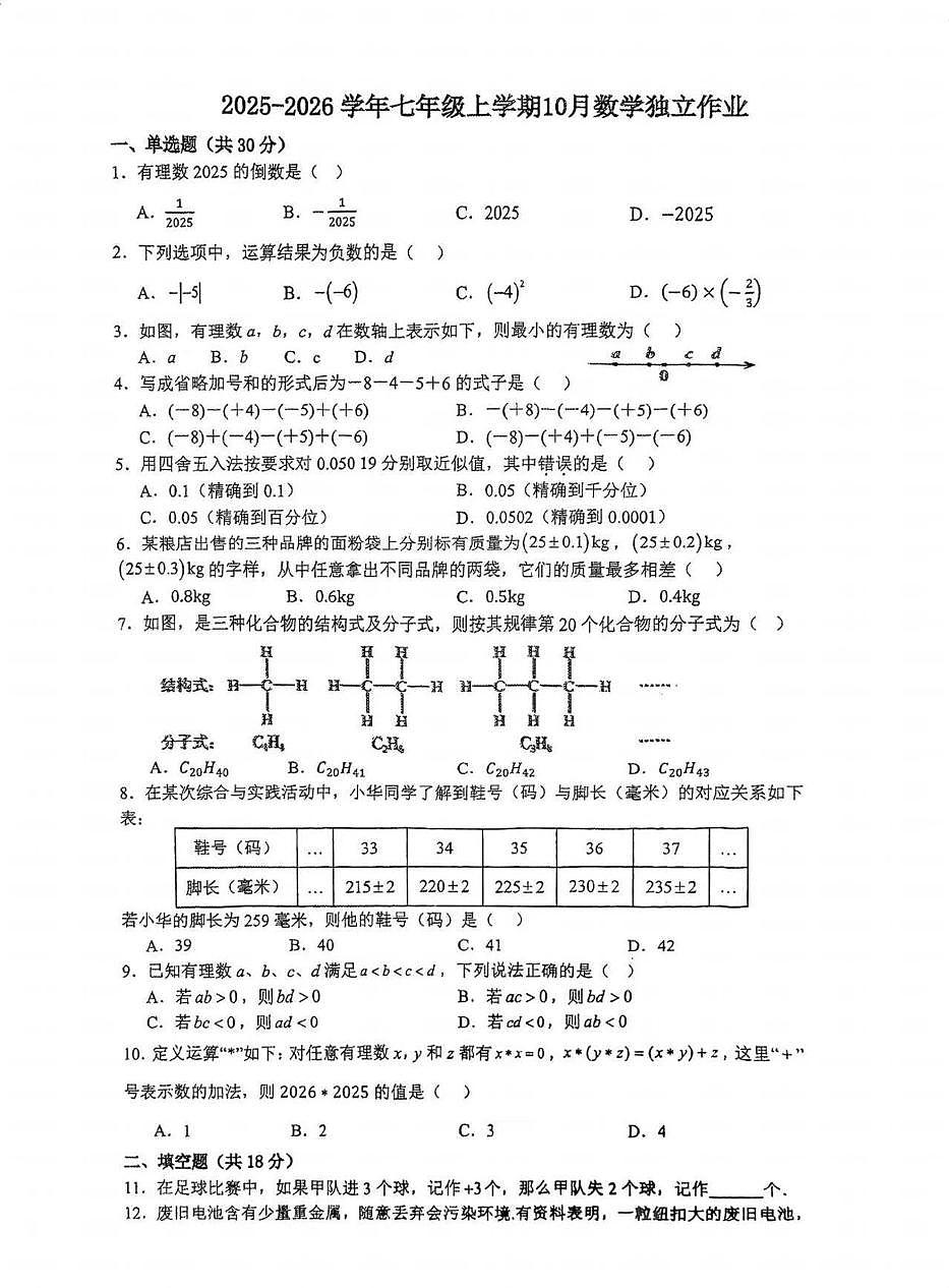 湖北省武汉市经开区2025~2026学年七年级上学期十月月考数学试卷第1页