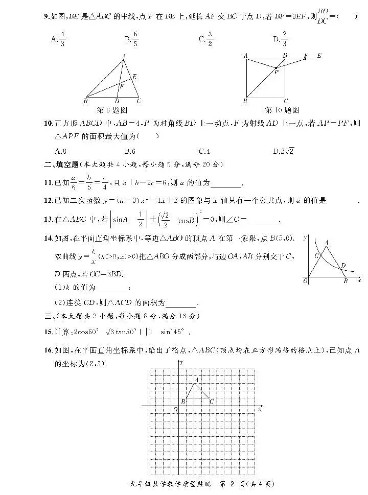 安徽省亳州市涡阳县2024-2025学年上学期12月份九年级联考数学试卷第2页