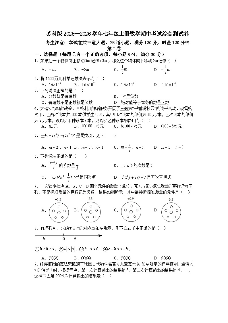 苏科版2025—2026学年七年级上册数学期中考试综合测试卷第1页