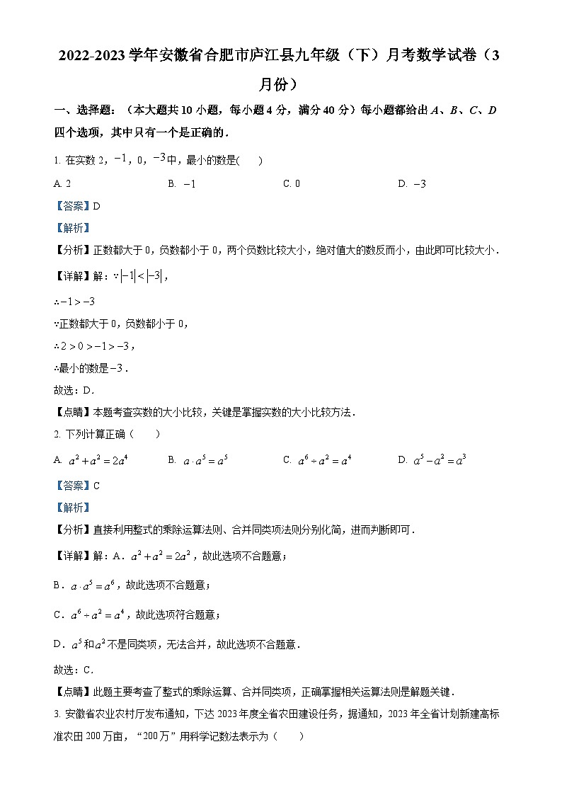 安徽省合肥市庐江县九年级下学期3月月考数学试题（解析版）-A4第1页