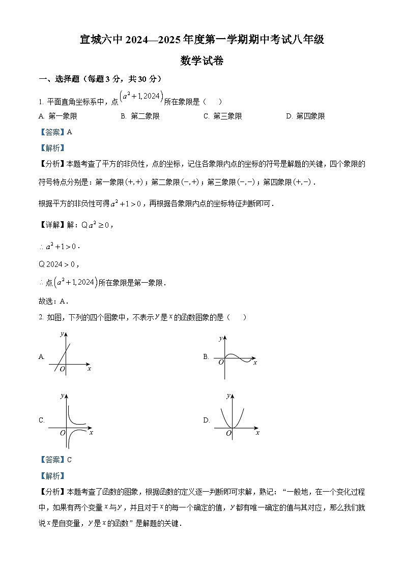 安徽省宣城市第六中学上学期期中八年级数学试题（解析版）-A4第1页