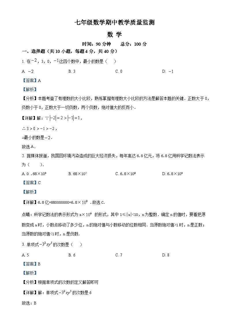安徽省六安市舒城县仁峰学校上学期七年级11月数学期中试题（解析版）-A4第1页