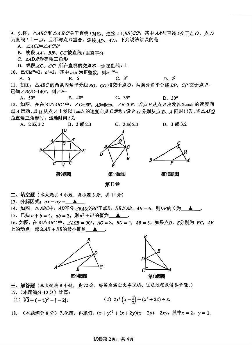 广西南宁市第三中学2025-2026学年八年级上学期11月数学期中试题第2页