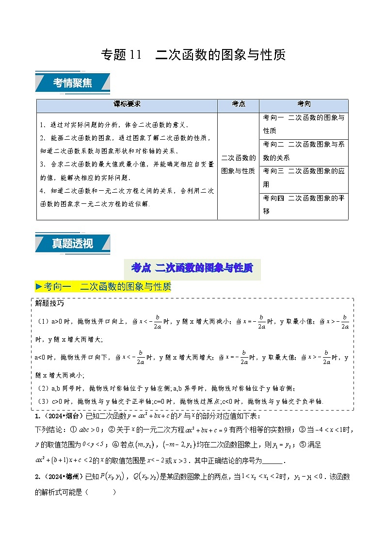 专题11 二次函数的图象与性质（原卷版） 第1页