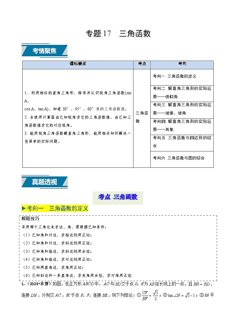 专题17 锐角三角函数（原卷版） 第1页