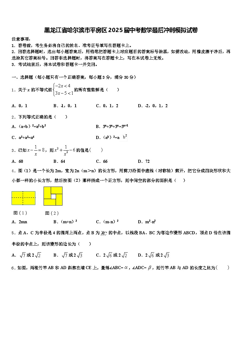 黑龙江省哈尔滨市平房区2025届中考数学最后冲刺模拟试卷含解析第1页