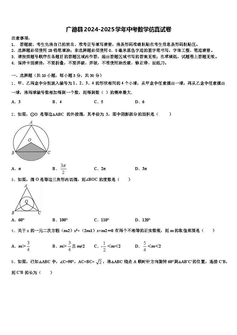 广德县2024-2025学年中考数学仿真试卷含解析第1页