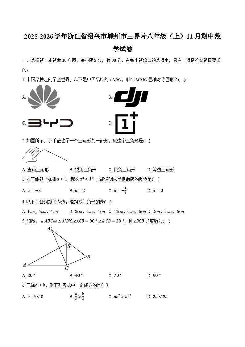2025-2026学年浙江省绍兴市嵊州市三界片八年级（上）11月期中数学试卷第1页