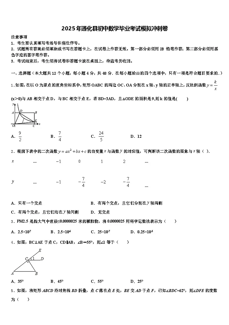 2025年通化县初中数学毕业考试模拟冲刺卷含解析第1页