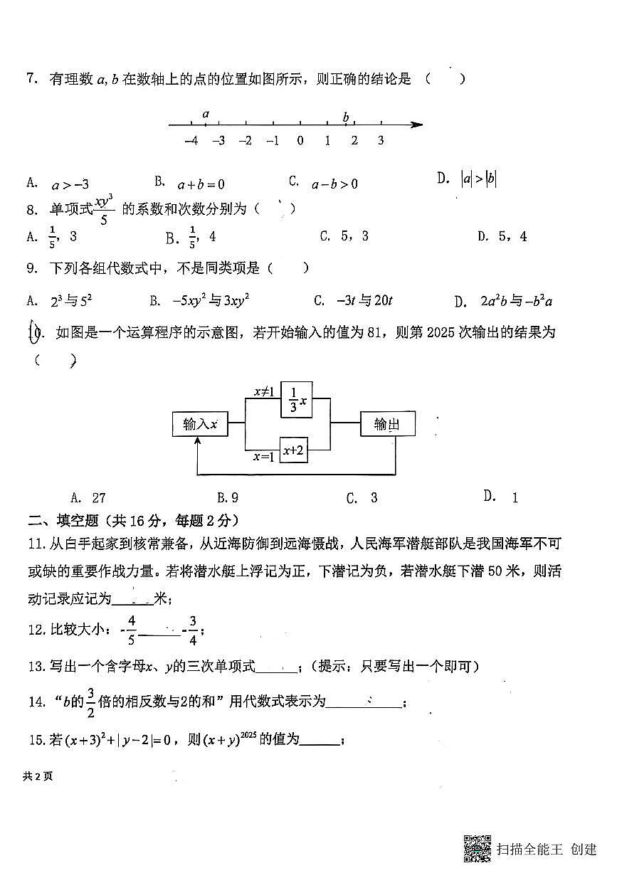 北京市第十八中学2025--2026学年七年级上学期期中数学试卷第2页
