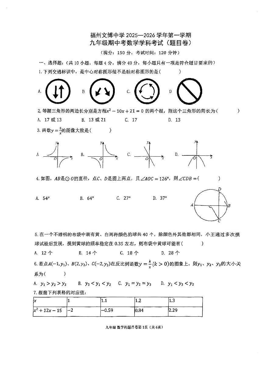 福州文博中学2025-2026学年上学期九年级期中考数学试卷第1页