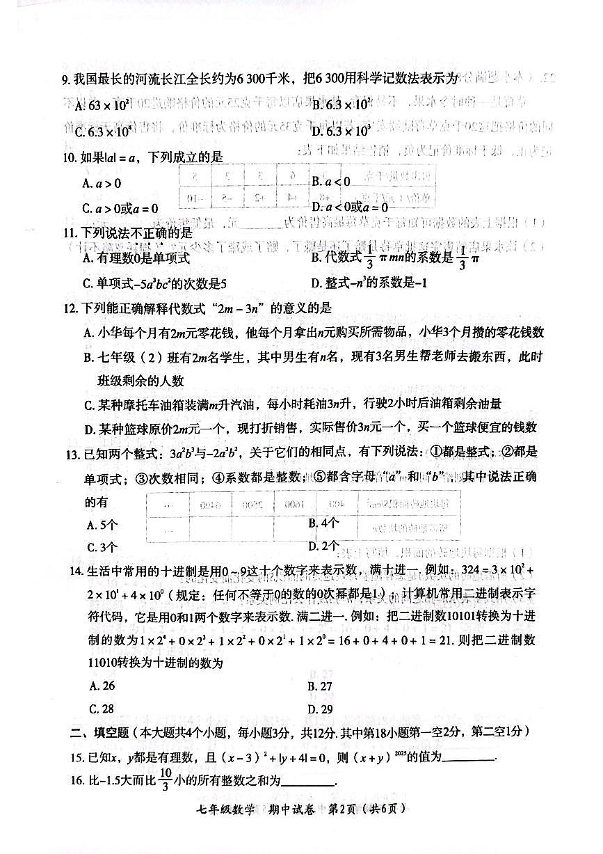 河北省唐山市丰南区2025-2026学年上学期七年级数学期中考试第2页