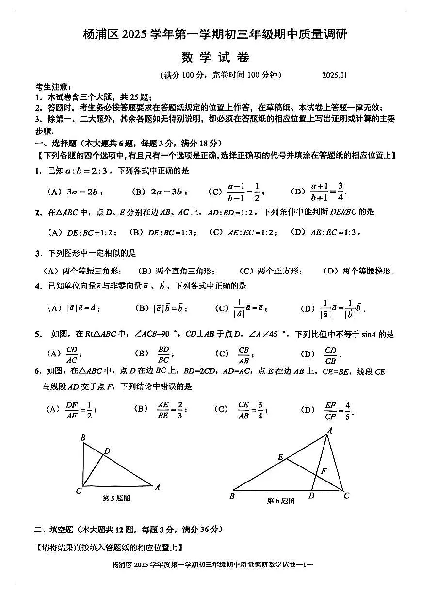2025年上海市杨浦区初三上学期期中数学试卷含答案第1页