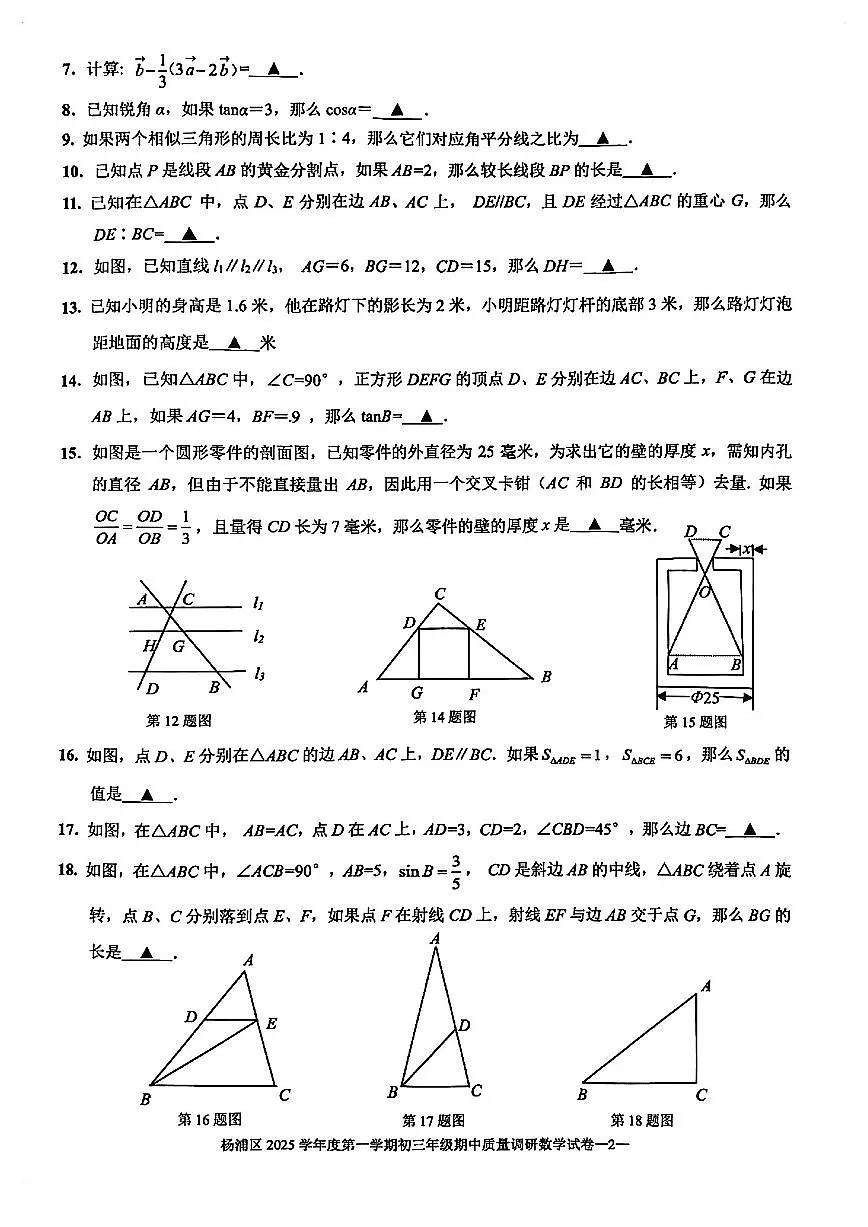 2025年上海市杨浦区初三上学期期中数学试卷含答案第2页
