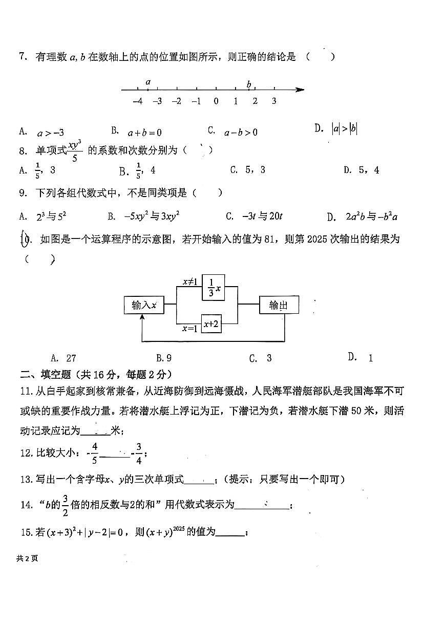 2025北京十八中初一（上）期中数学试卷第2页