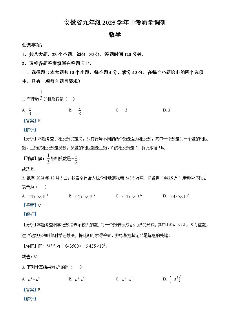 2025年安徽省六安市金寨县中考质量调研数学试卷 （解析版）-A4第1页