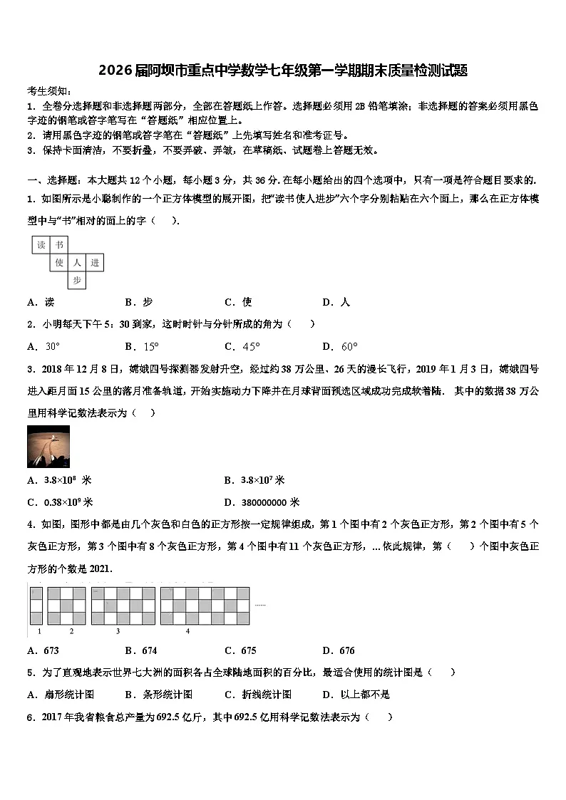 2026届阿坝市重点中学数学七年级第一学期期末质量检测试题含解析第1页