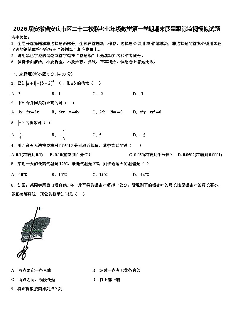 2026届安徽省安庆市区二十二校联考七年级数学第一学期期末质量跟踪监视模拟试题含解析第1页