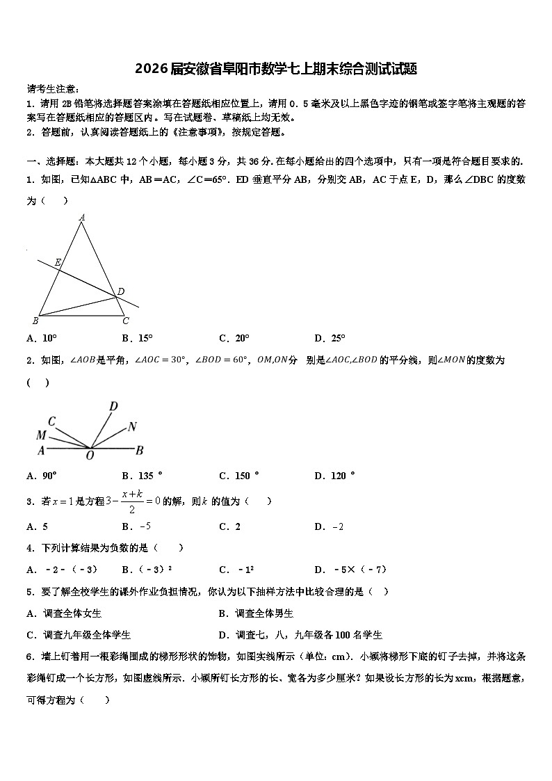 2026届安徽省阜阳市数学七上期末综合测试试题含解析第1页