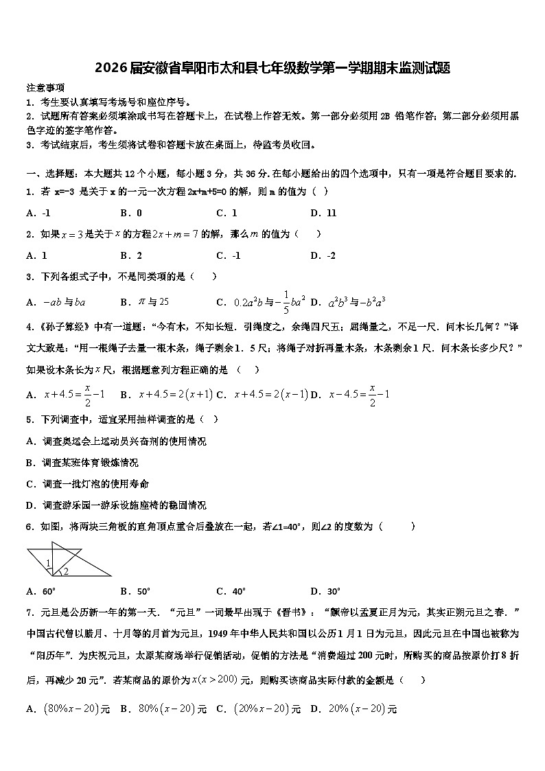 2026届安徽省阜阳市太和县七年级数学第一学期期末监测试题含解析第1页