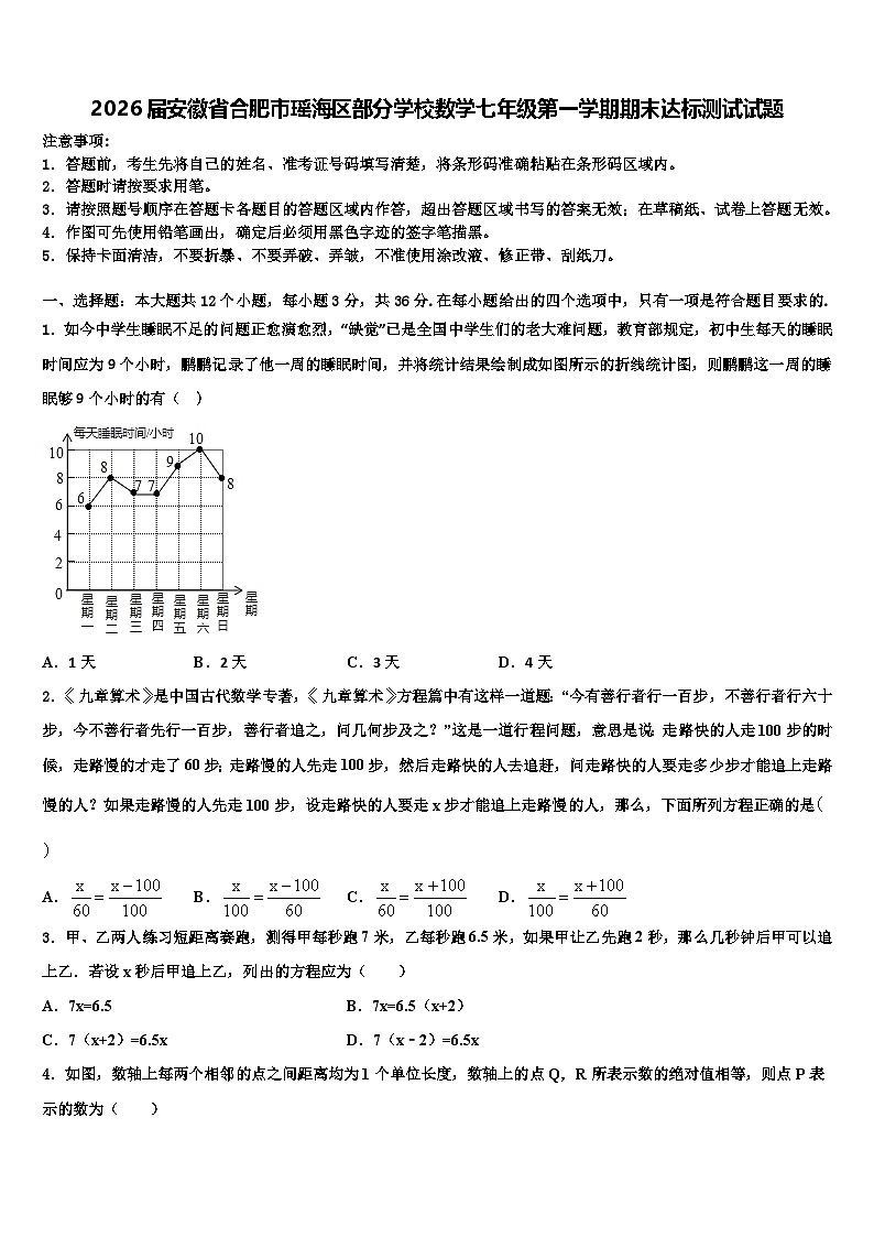 2026届安徽省合肥市瑶海区部分学校数学七年级第一学期期末达标测试试题含解析第1页