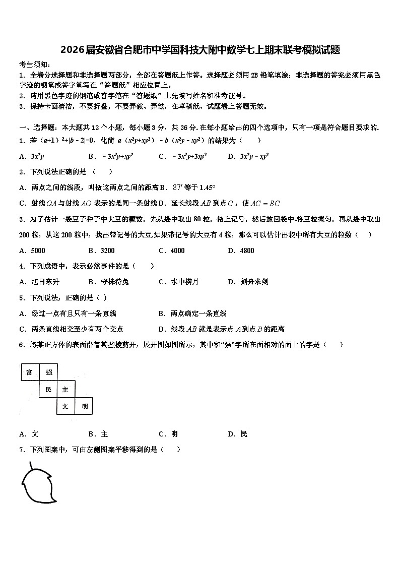2026届安徽省合肥市中学国科技大附中数学七上期末联考模拟试题含解析第1页