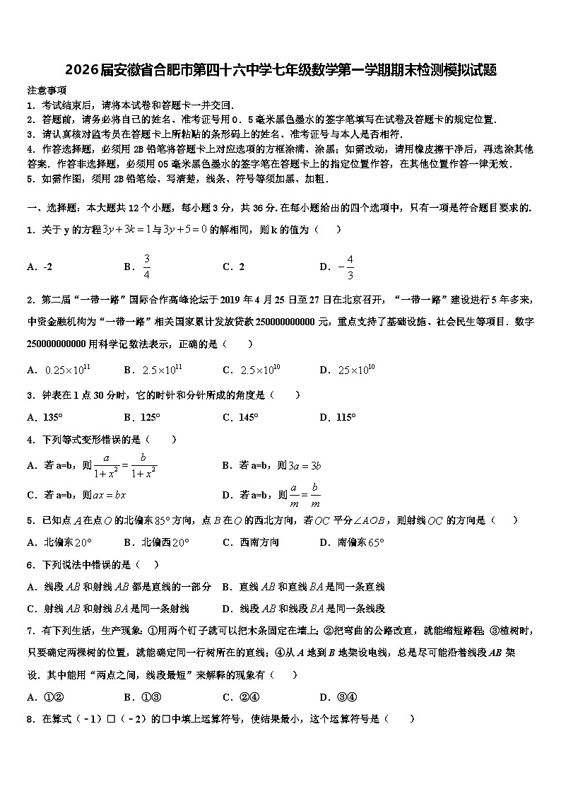 2026届安徽省合肥市第四十六中学七年级数学第一学期期末检测模拟试题含解析第1页