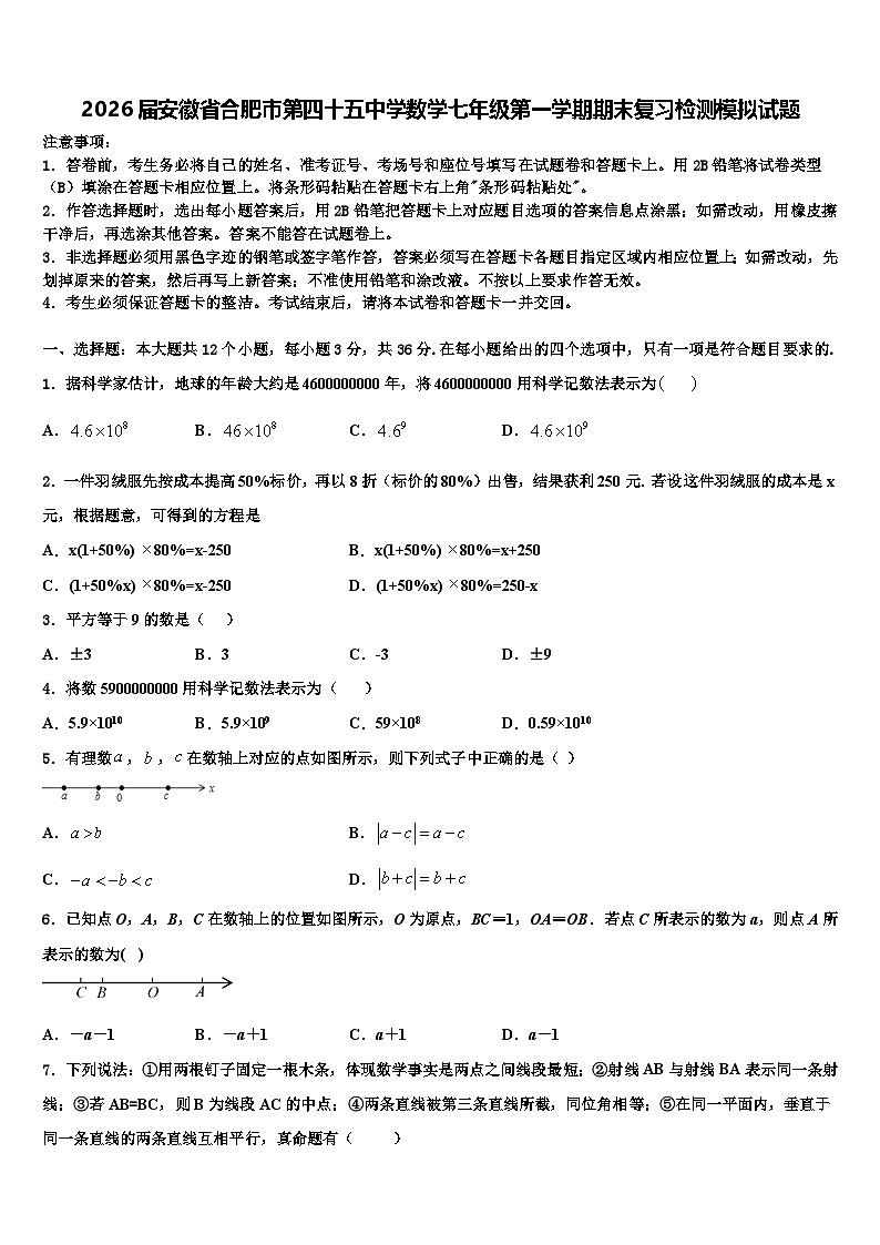 2026届安徽省合肥市第四十五中学数学七年级第一学期期末复习检测模拟试题含解析第1页
