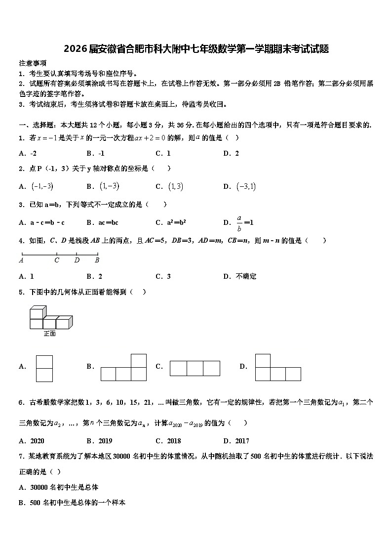 2026届安徽省合肥市科大附中七年级数学第一学期期末考试试题含解析第1页