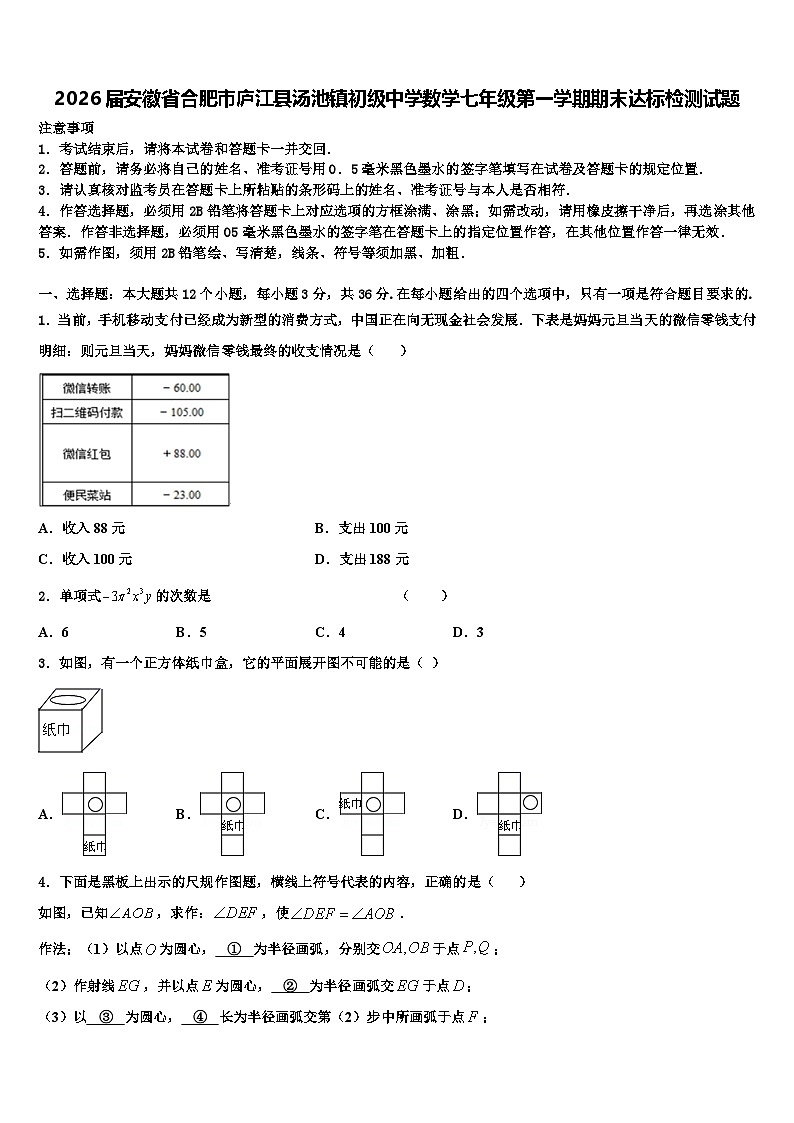 2026届安徽省合肥市庐江县汤池镇初级中学数学七年级第一学期期末达标检测试题含解析第1页