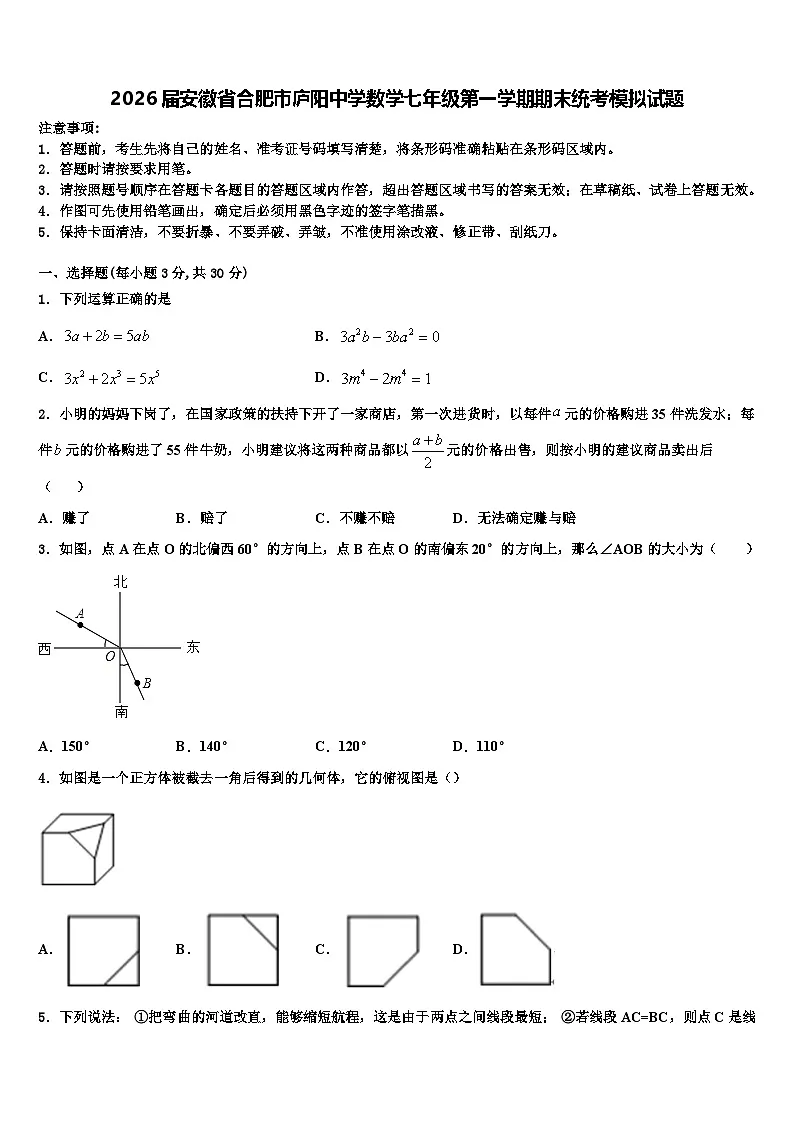 2026届安徽省合肥市庐阳中学数学七年级第一学期期末统考模拟试题含解析第1页