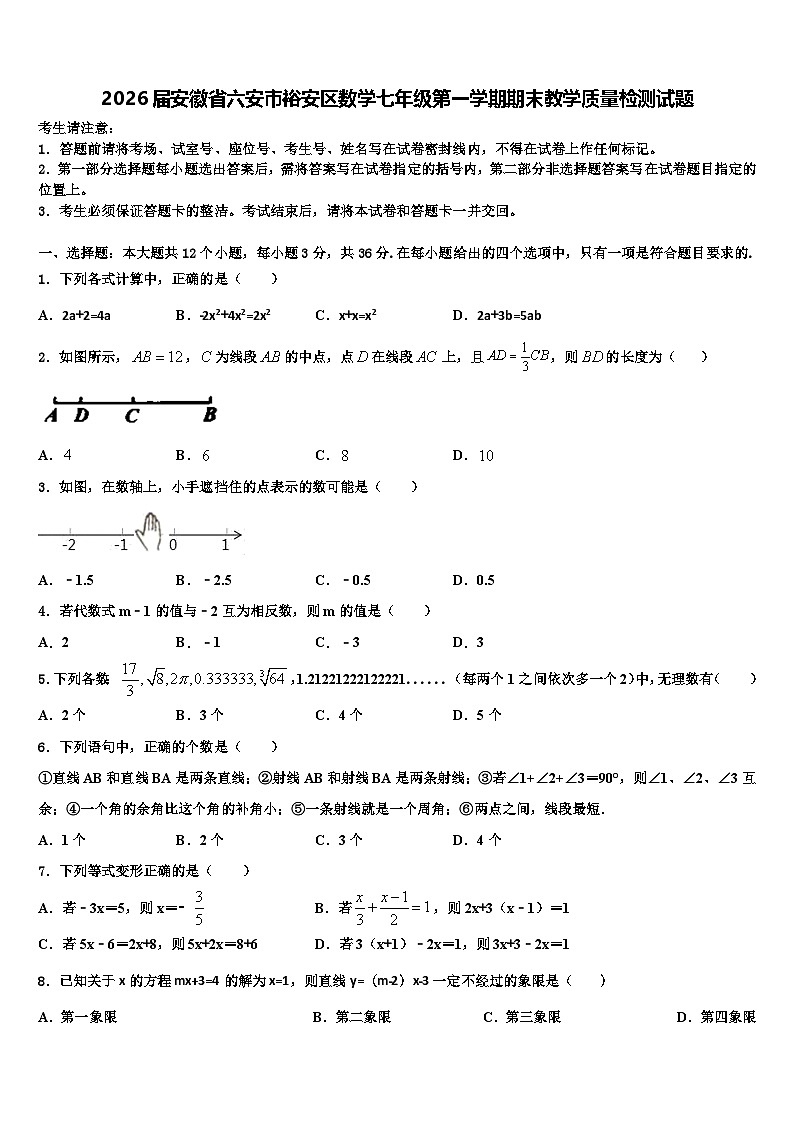 2026届安徽省六安市裕安区数学七年级第一学期期末教学质量检测试题含解析第1页