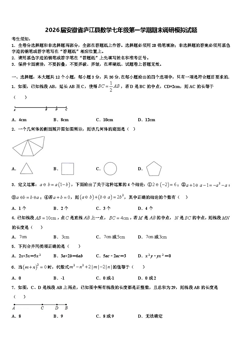 2026届安徽省庐江县数学七年级第一学期期末调研模拟试题含解析第1页