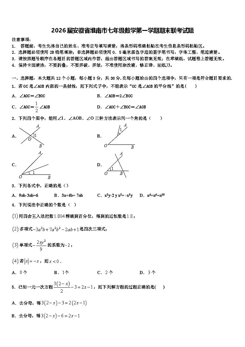2026届安徽省淮南市七年级数学第一学期期末联考试题含解析第1页