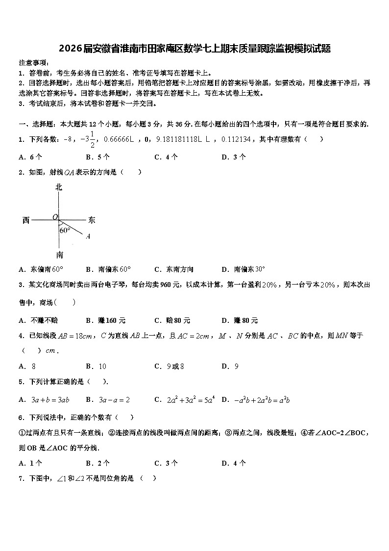 2026届安徽省淮南市田家庵区数学七上期末质量跟踪监视模拟试题含解析第1页