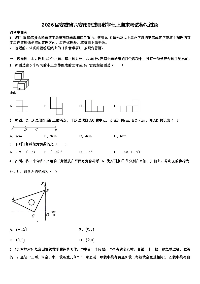 2026届安徽省六安市舒城县数学七上期末考试模拟试题含解析第1页
