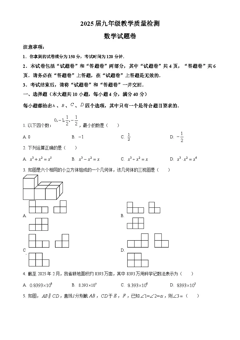 2025年安徽省阜阳市颍上县中考一模数学试题（原卷版）-A4第1页