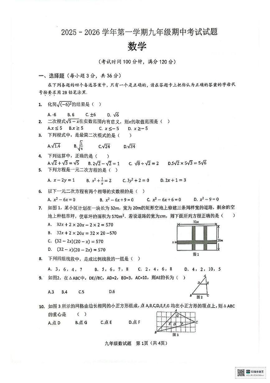 海南省海口市海口11校联考2025-2026学年九年级上学期11月期中数学试题第1页