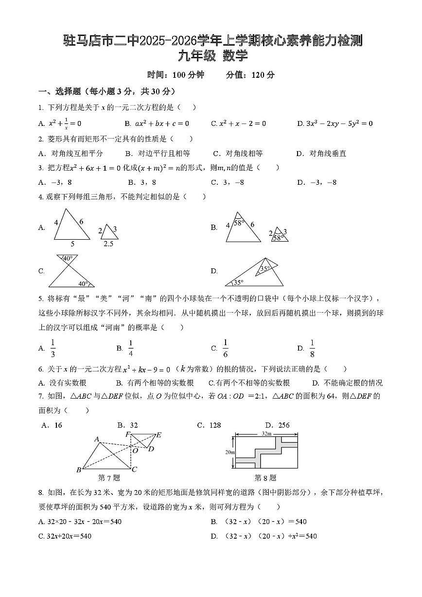 河南省驻马店市第二初级中学2025-2026学年九年级上学期11月期中数学试题第1页