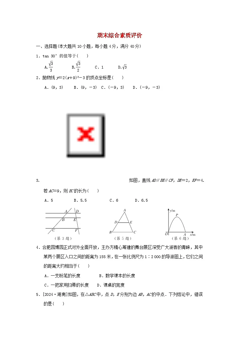 2025九年级数学上学期期末综合素质评价试卷（附解析沪科版）第1页