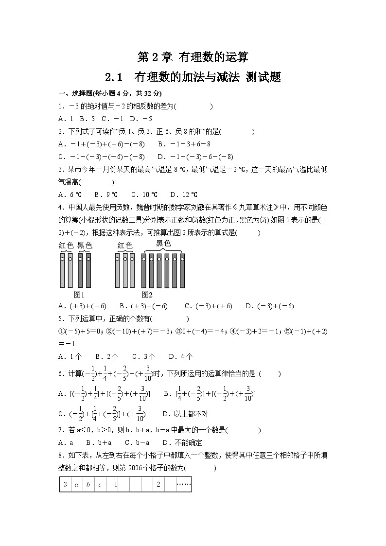 第2章 有理数的运算 2.1 有理数的加法与减法 测试题（含答案）第1页