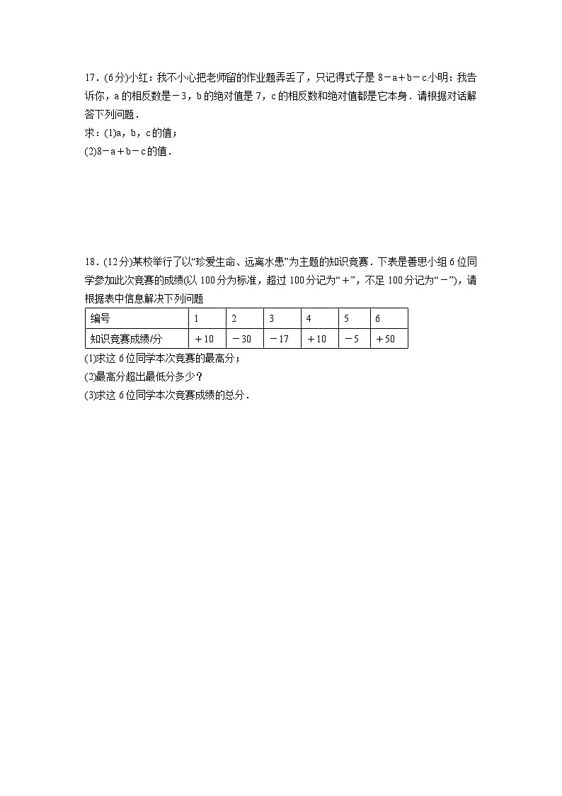 第2章 有理数的运算 2.1 有理数的加法与减法 测试题（含答案）第3页