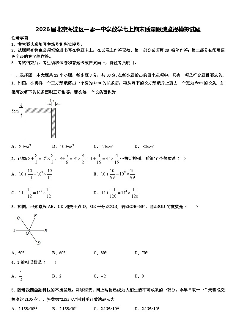 2026届北京海淀区一零一中学数学七上期末质量跟踪监视模拟试题含解析第1页