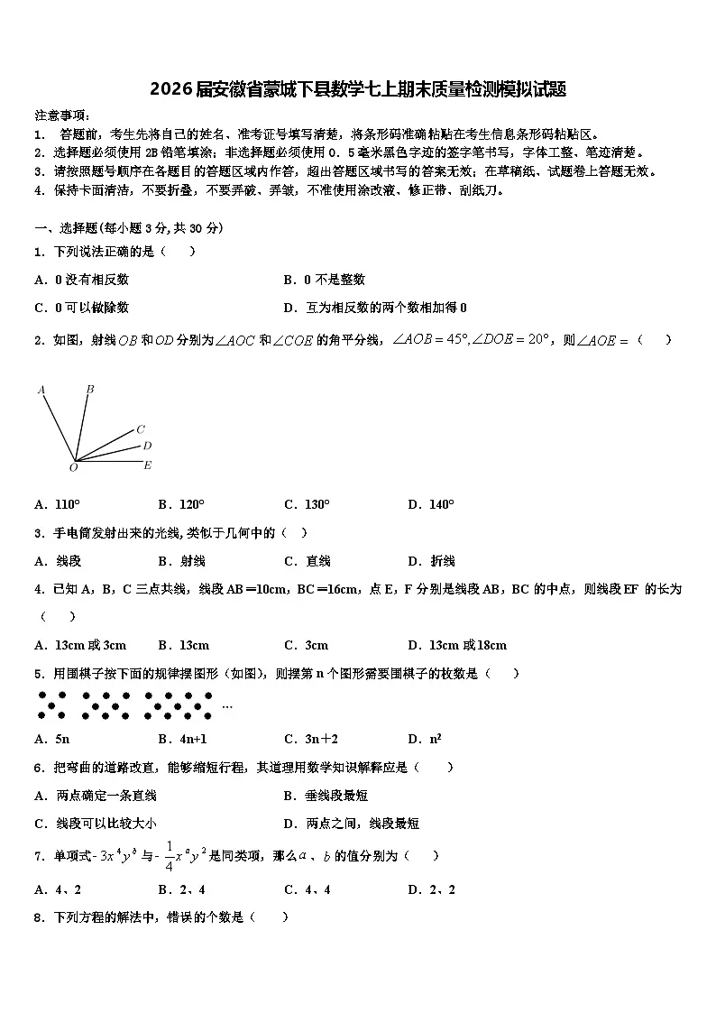2026届安徽省蒙城下县数学七上期末质量检测模拟试题含解析第1页