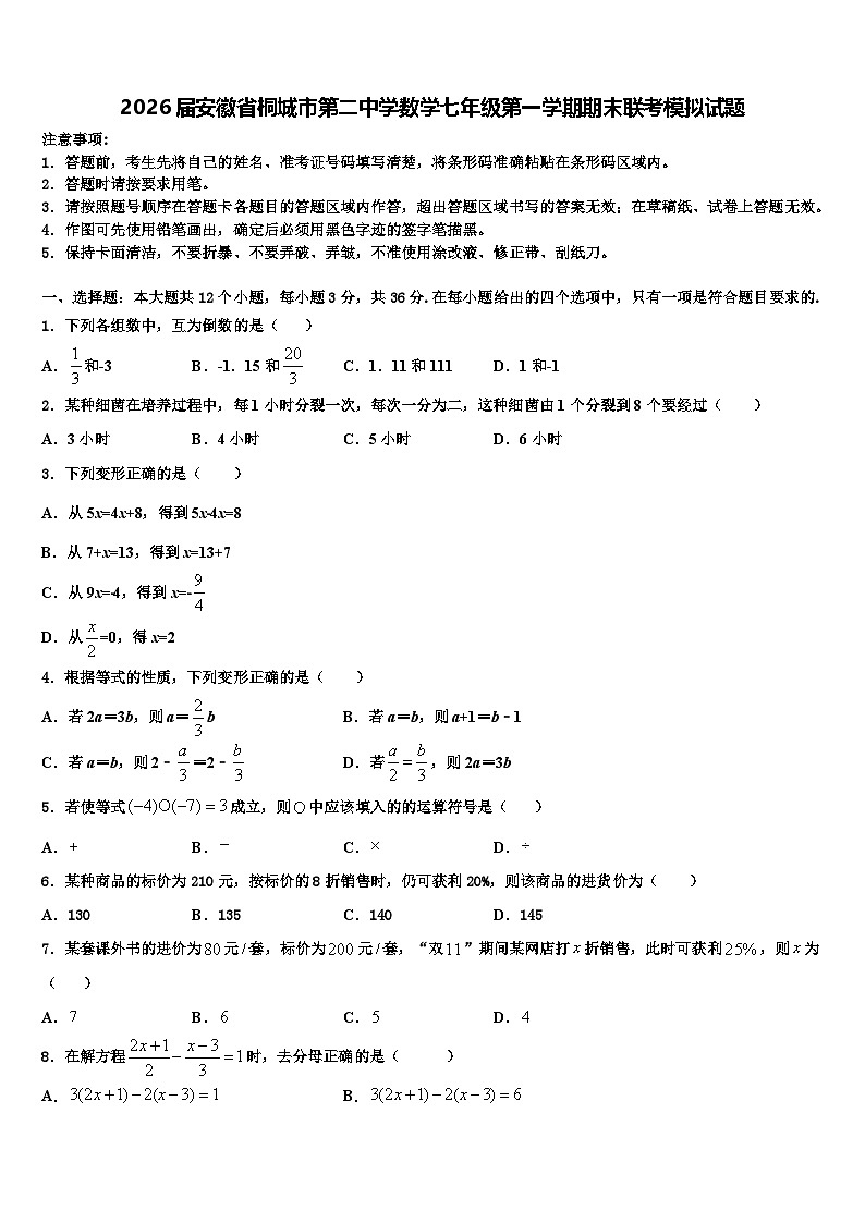 2026届安徽省桐城市第二中学数学七年级第一学期期末联考模拟试题含解析第1页