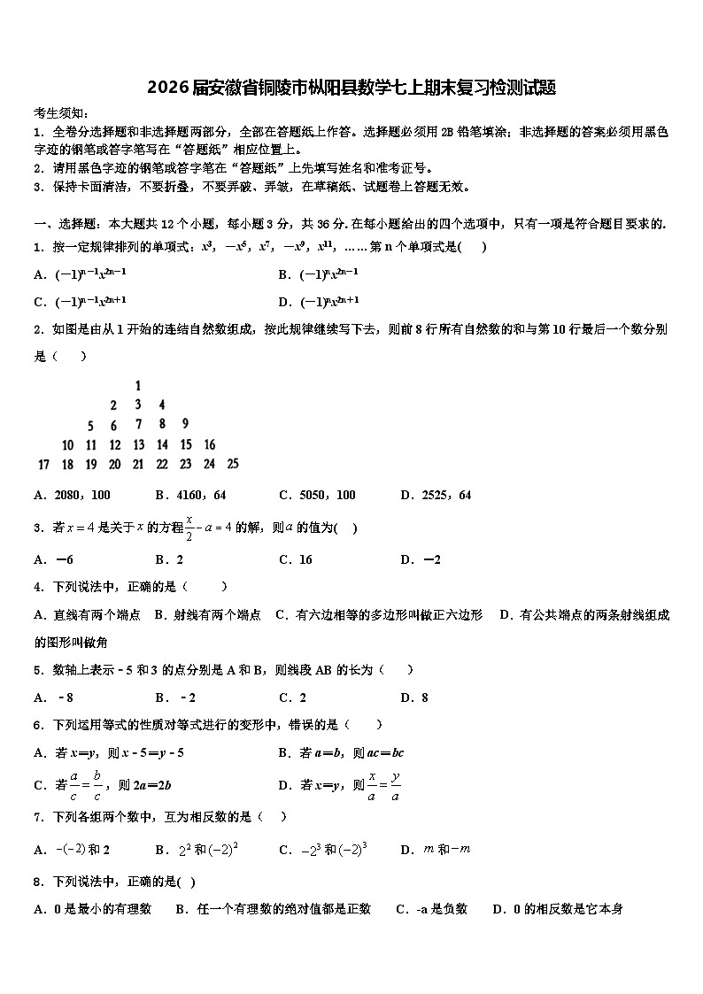 2026届安徽省铜陵市枞阳县数学七上期末复习检测试题含解析第1页