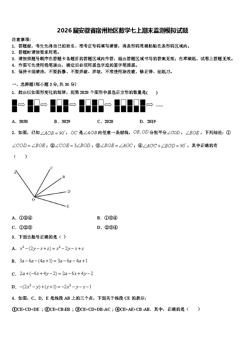 2026届安徽省宿州地区数学七上期末监测模拟试题含解析第1页