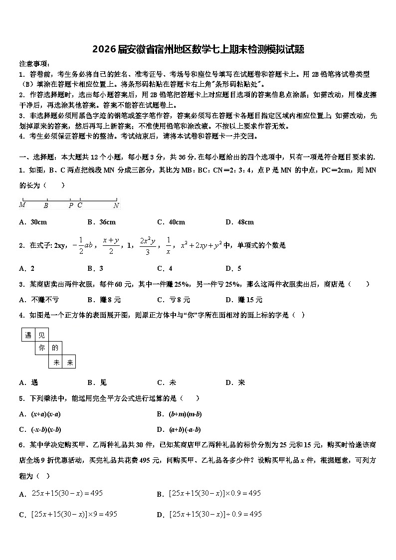 2026届安徽省宿州地区数学七上期末检测模拟试题含解析第1页